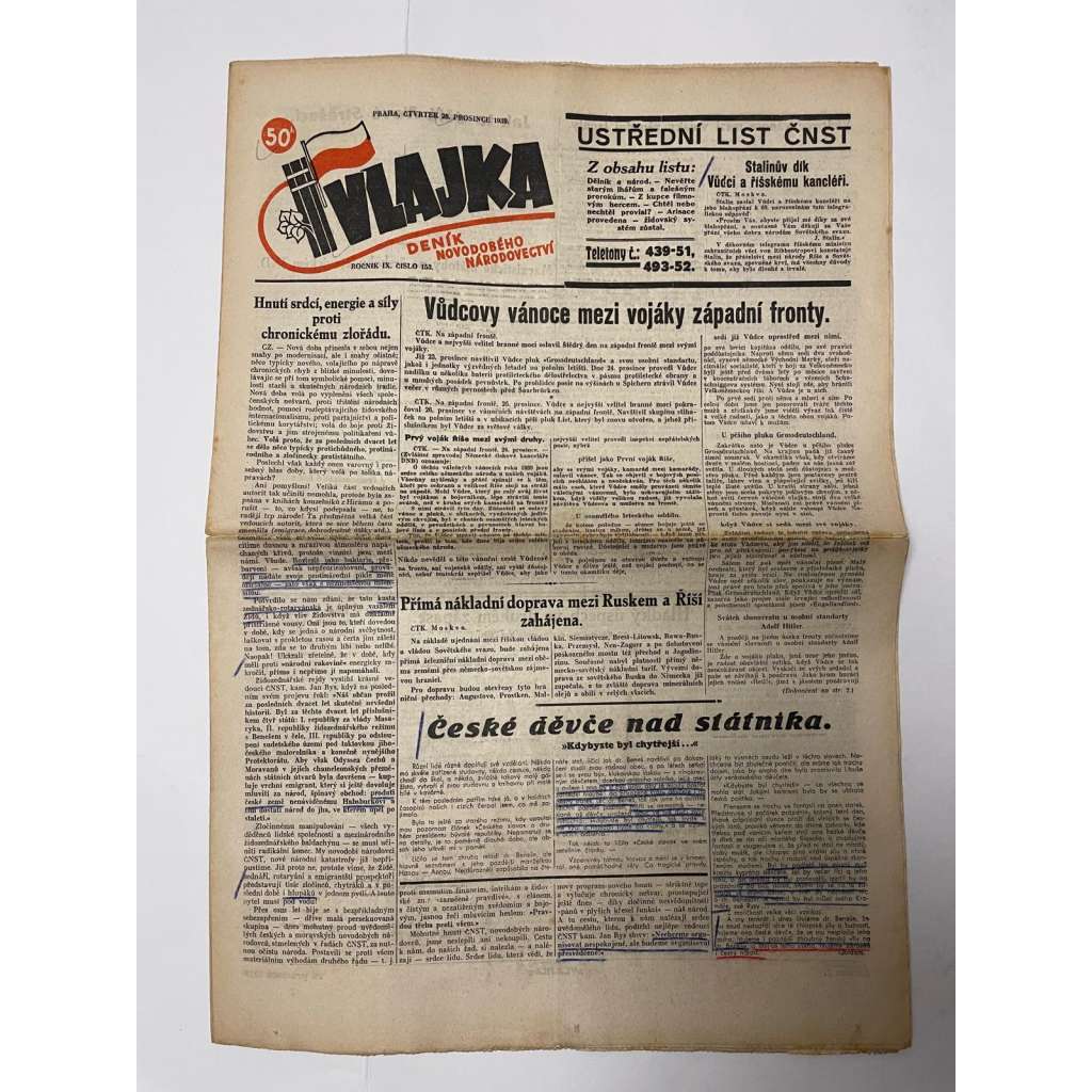 Vlajka, ročník IX., číslo 153/1939. Deník nového národovectví (noviny, kolaborace, Protektorát)
