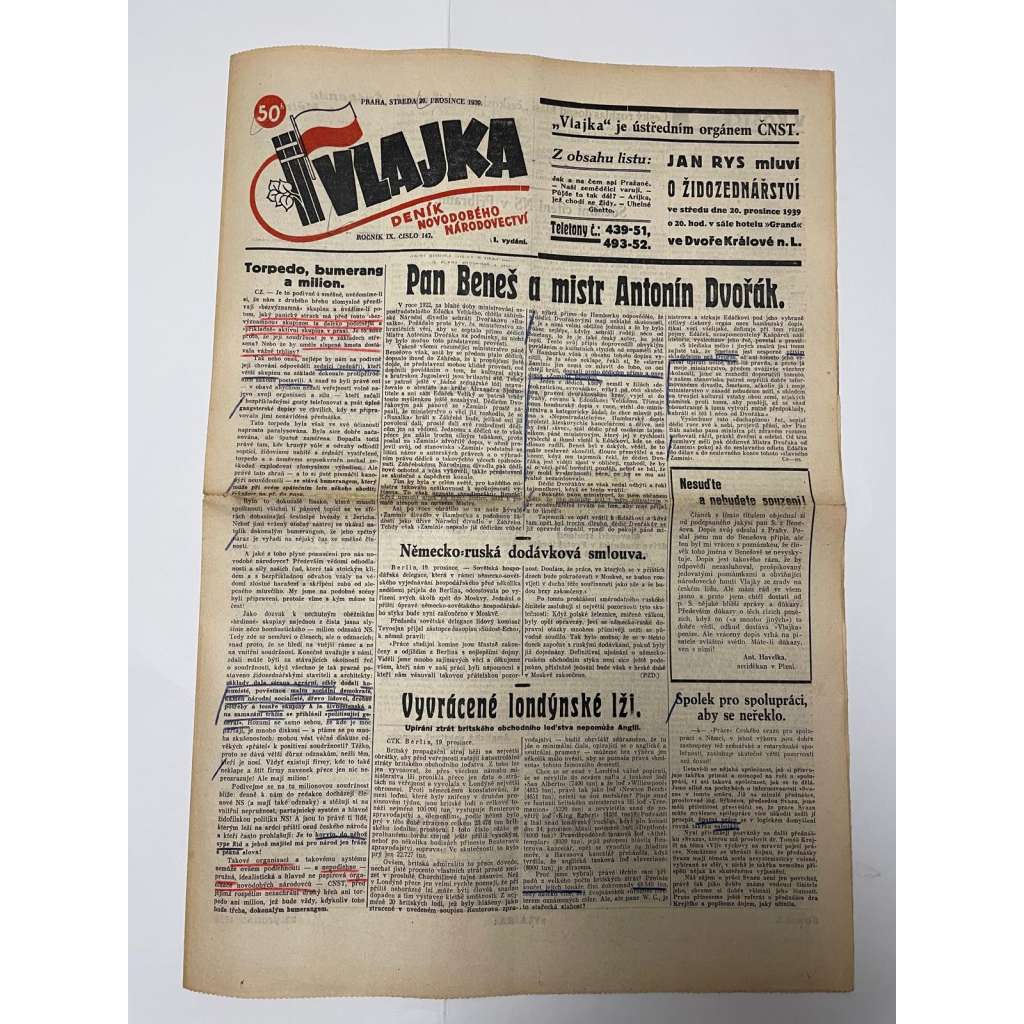 Vlajka, ročník IX., číslo 147/1939. Deník nového národovectví (noviny, kolaborace, Protektorát)