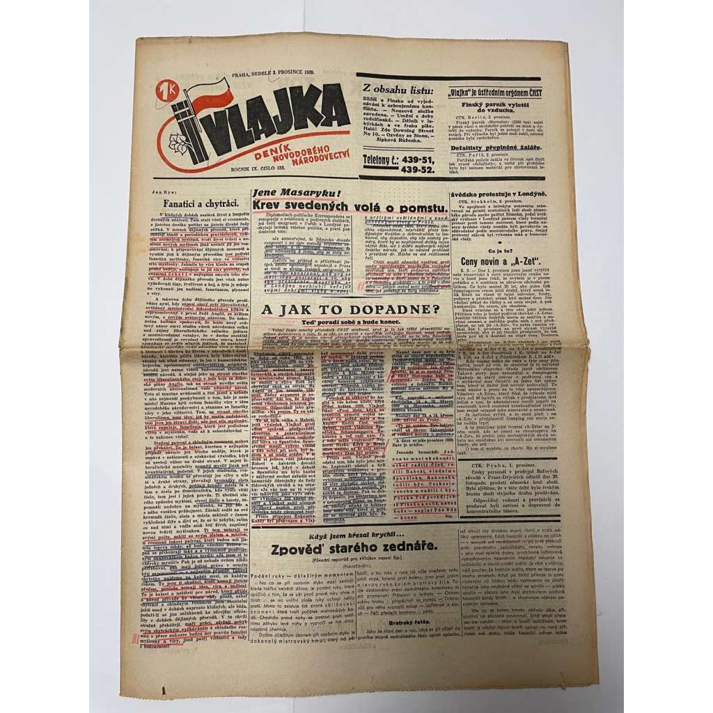 Vlajka, ročník IX., číslo 133/1939. Deník nového národovectví (noviny, kolaborace, Protektorát)