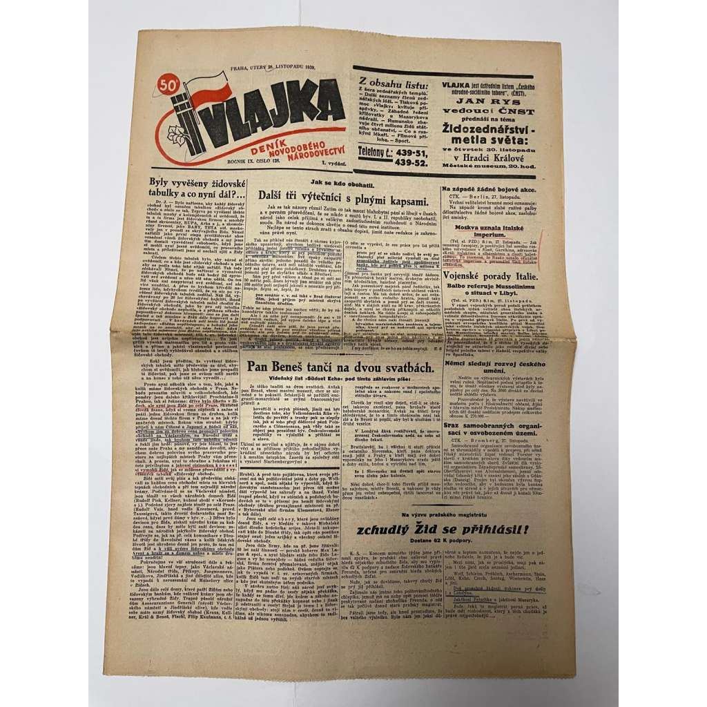 Vlajka, ročník IX., číslo 128/1939. Deník nového národovectví (noviny, kolaborace, Protektorát)