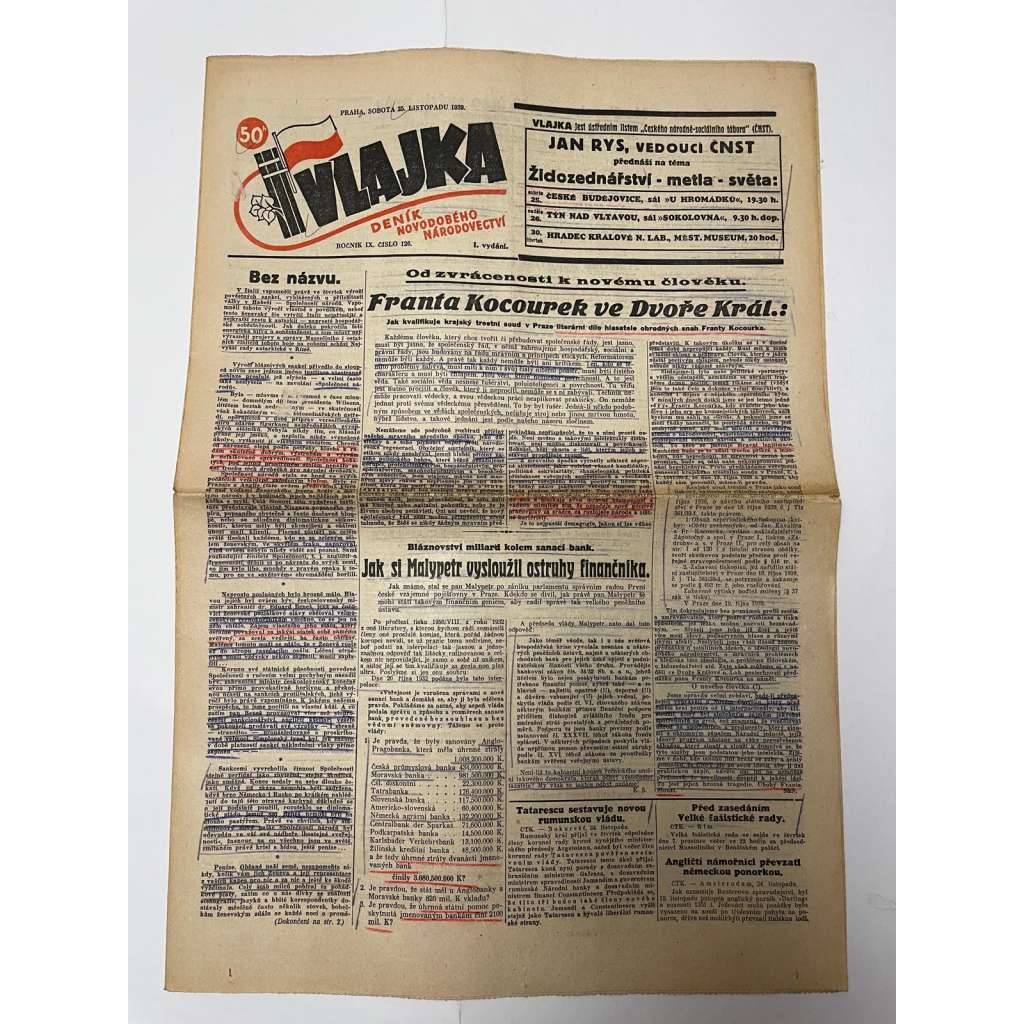Vlajka, ročník IX., číslo 126/1939. Deník nového národovectví (noviny, kolaborace, Protektorát)