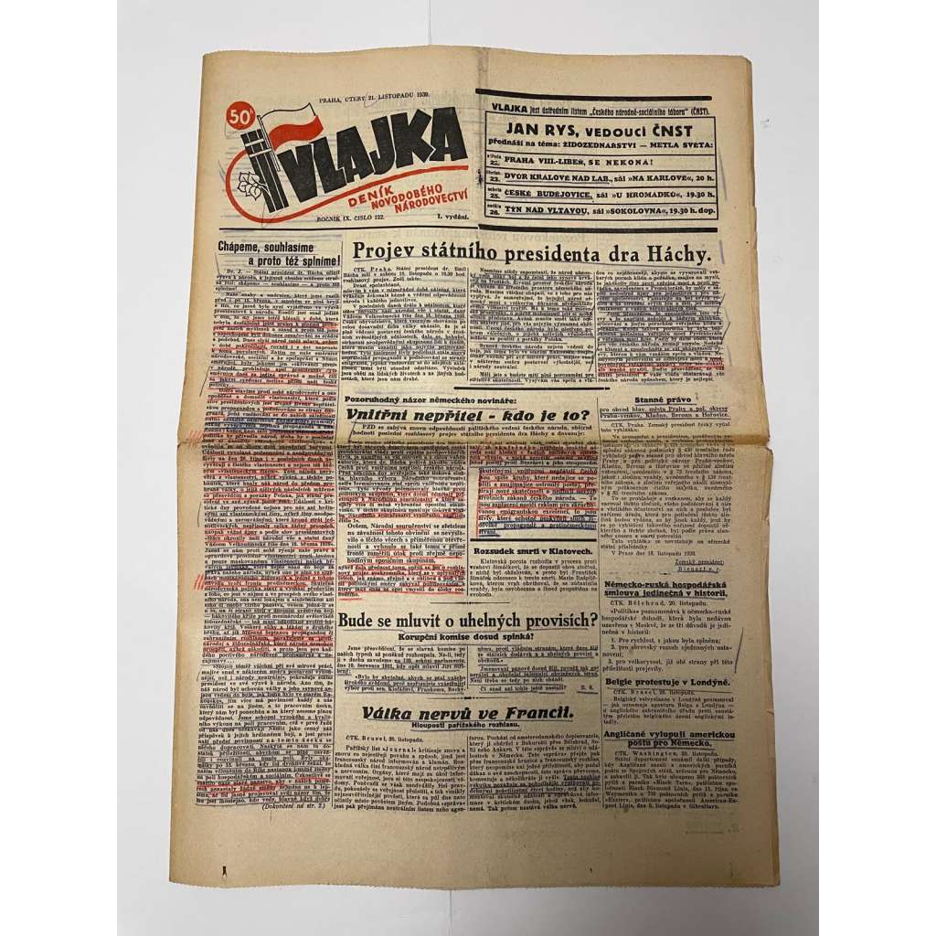 Vlajka, ročník IX., číslo 122/1939. Deník nového národovectví (noviny, kolaborace, Protektorát)