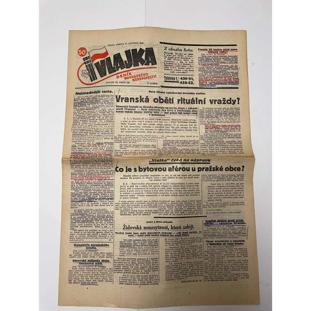 Vlajka, ročník IX., číslo 120/1939. Deník nového národovectví (noviny, kolaborace, Protektorát)