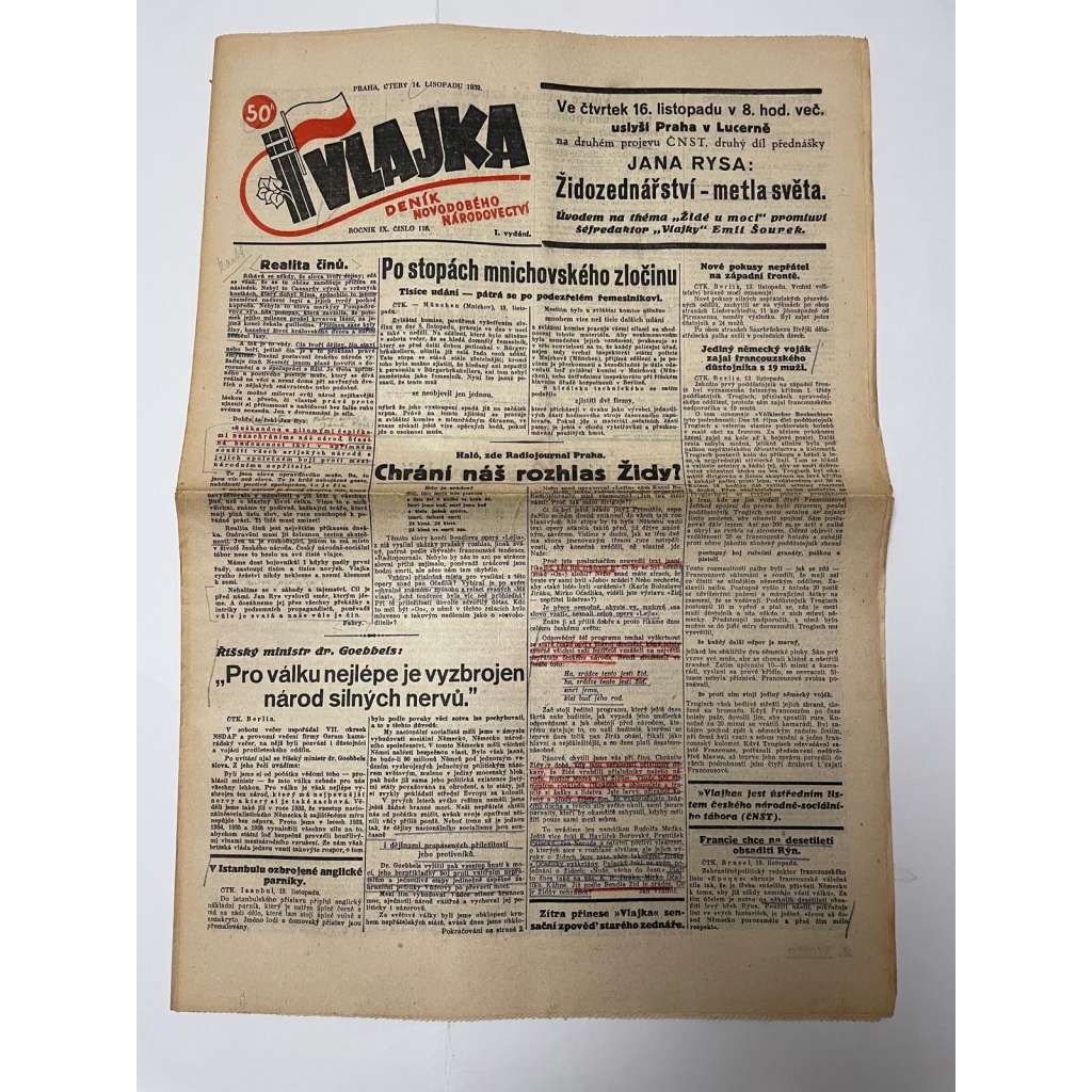 Vlajka, ročník IX., číslo 116/1939. Deník nového národovectví (noviny, kolaborace, Protektorát)