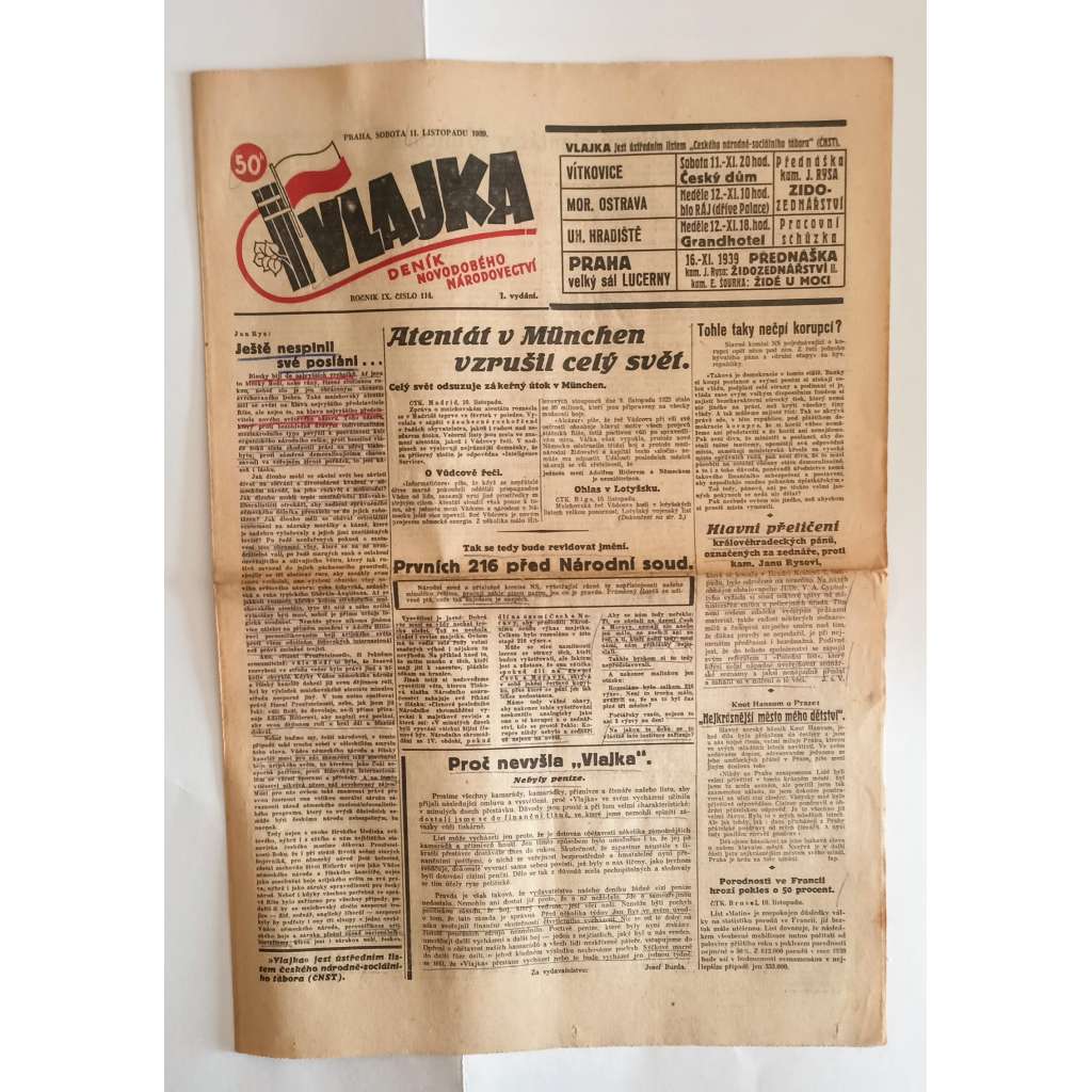 Vlajka, ročník IX., číslo 114/1939. Deník nového národovectví (noviny, kolaborace, Protektorát)