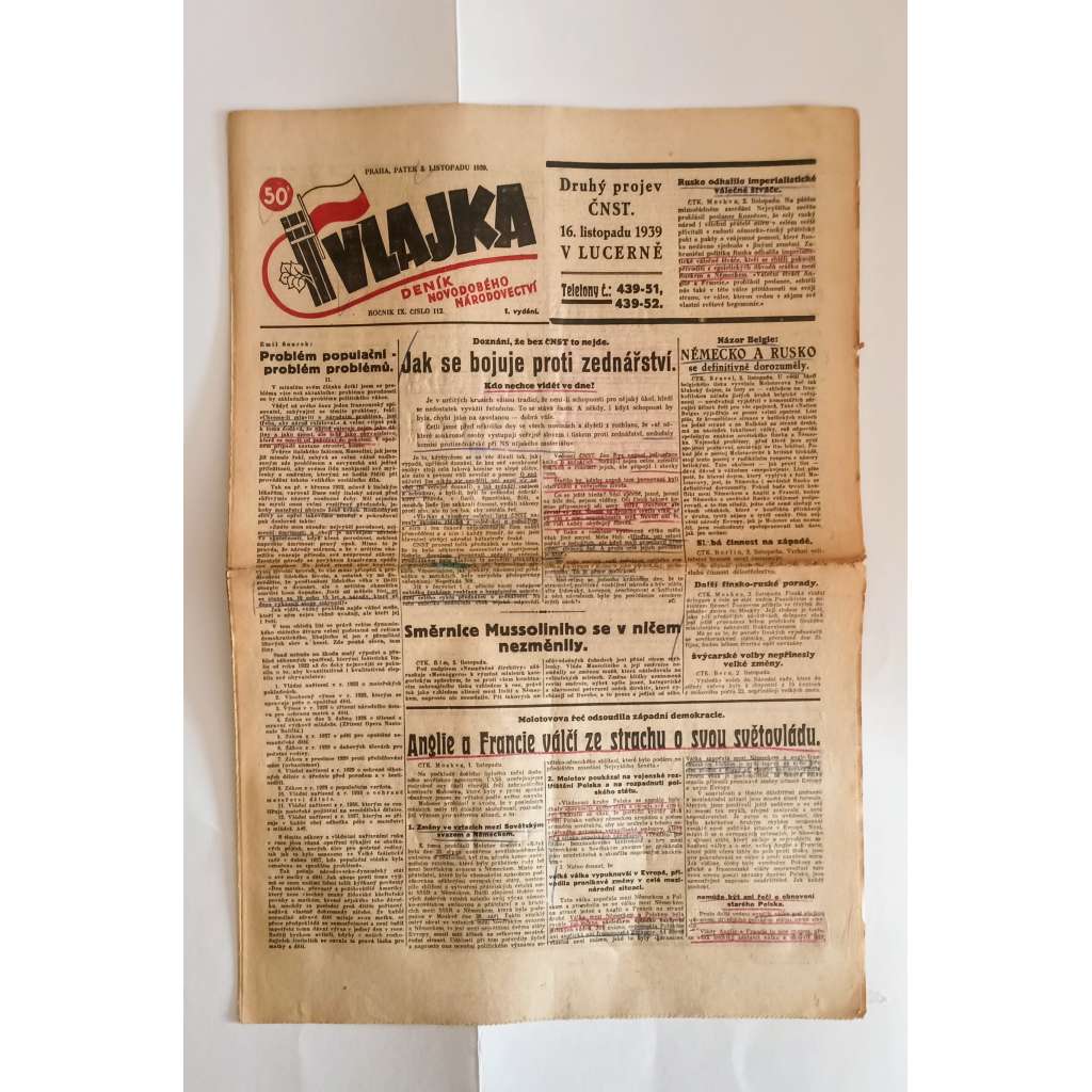 Vlajka, ročník IX., číslo 112/1939. Deník nového národovectví (noviny, kolaborace, Protektorát)