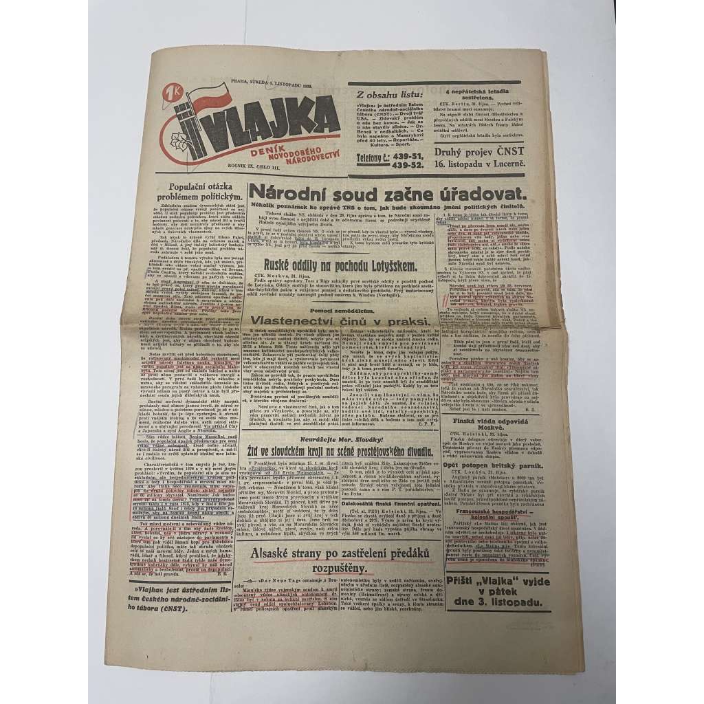 Vlajka, ročník IX., číslo 111/1939. Deník nového národovectví (noviny, kolaborace, Protektorát)