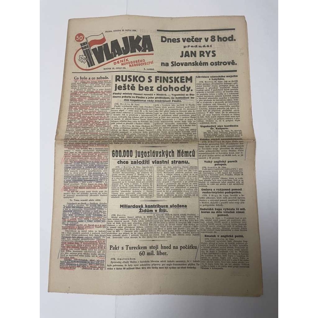 Vlajka, ročník IX., číslo 105/1939. Deník nového národovectví (noviny, kolaborace, Protektorát)