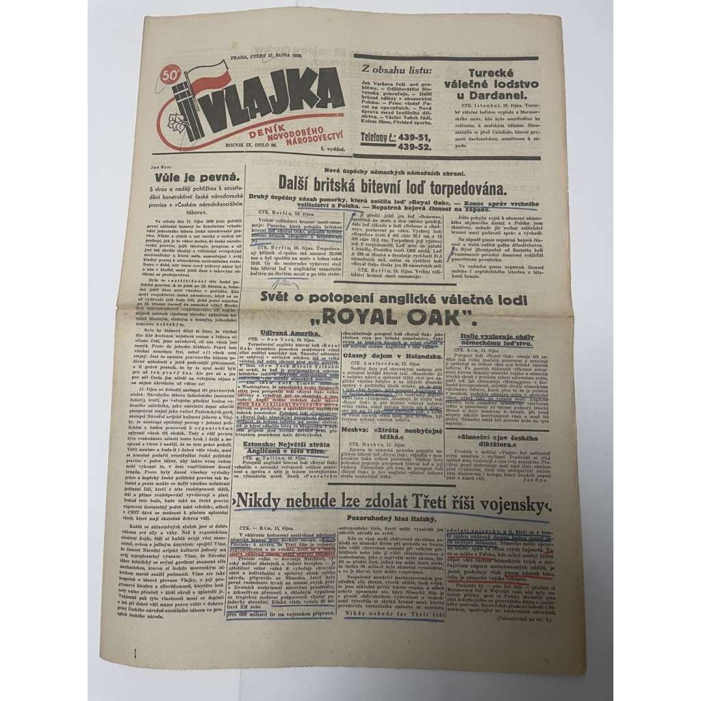 Vlajka, ročník IX., číslo 98/1939. Deník nového národovectví (noviny, kolaborace, Protektorát)