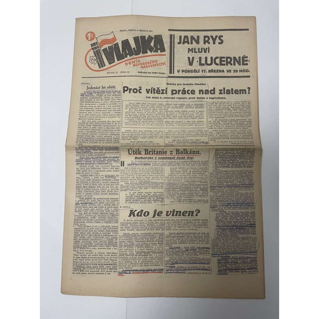 Vlajka, ročník XI., číslo 10/1941. Deník nového národovectví (noviny, kolaborace, Protektorát)