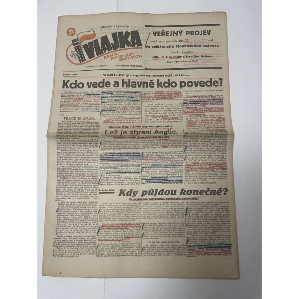 Vlajka, ročník XI., číslo 6/1941. Deník nového národovectví (noviny, kolaborace, Protektorát)