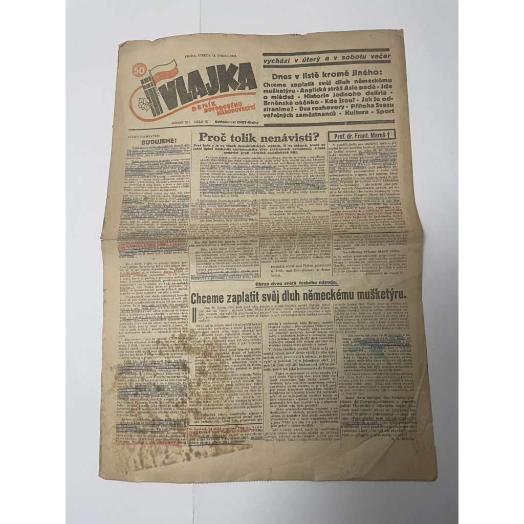 Vlajka, ročník XII., číslo 12/1942. Deník nového národovectví (noviny, kolaborace, Protektorát)