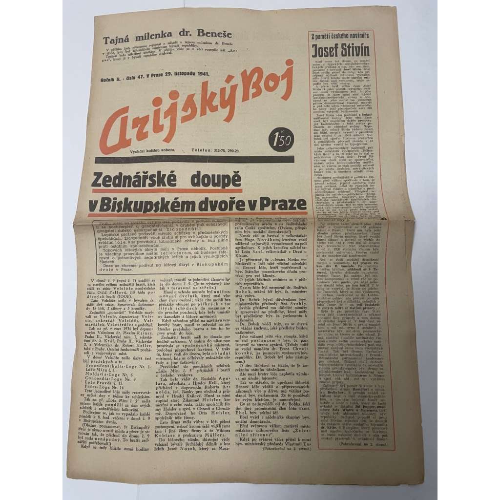 Arijský boj, ročník II., číslo 47/1941 - Ústřední list protižidovské ligy [časopis kolaborantů, nacismus, antisemitismus, protižidovské, Židé]