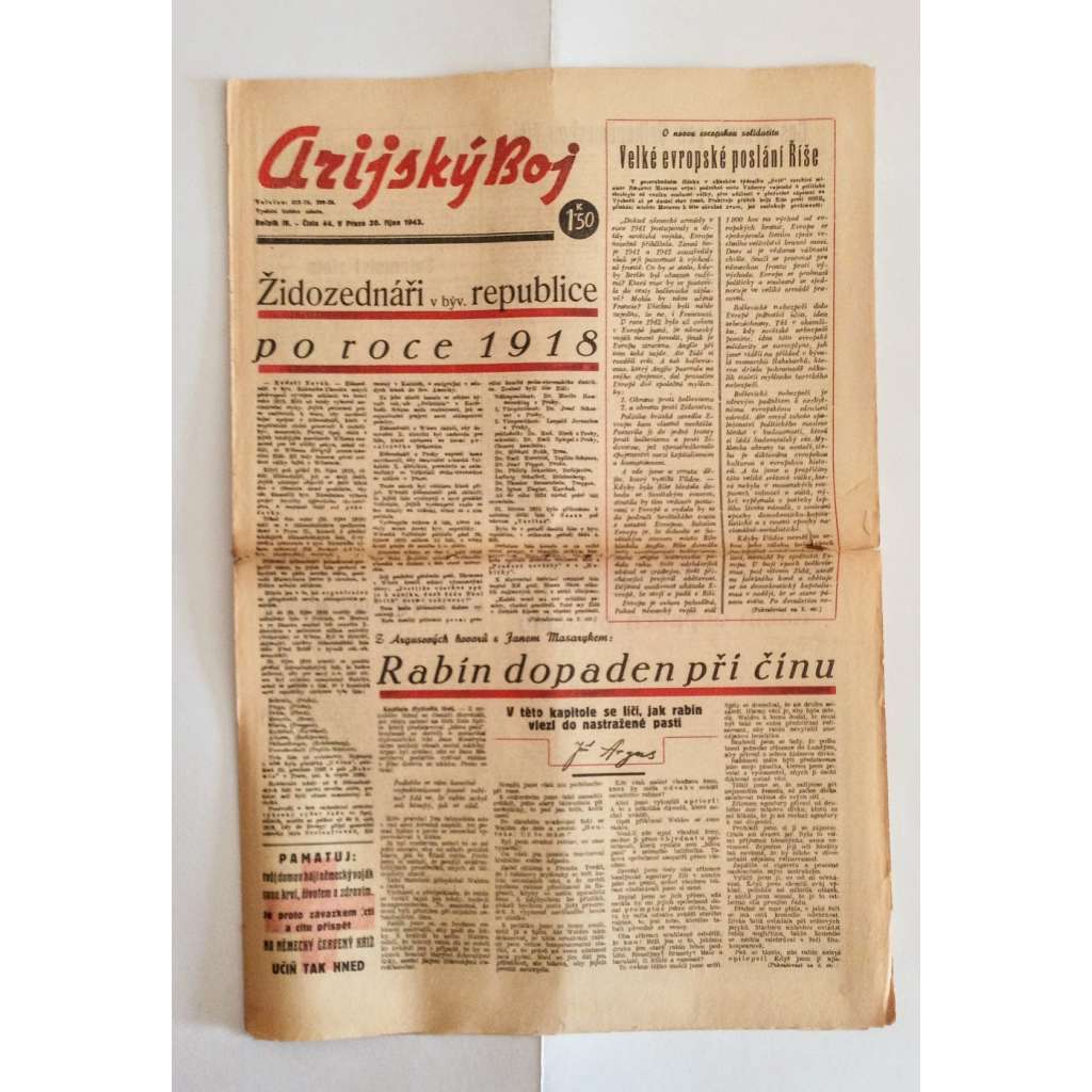 Arijský boj, ročník IV., číslo 44/1943 - Ústřední list protižidovské ligy [časopis kolaborantů, nacismus, antisemitismus, protižidovské, Židé]