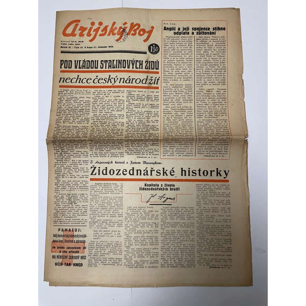 Arijský boj, ročník IV., číslo 47/1943 - Ústřední list protižidovské ligy [časopis kolaborantů, nacismus, antisemitismus, protižidovské, Židé]