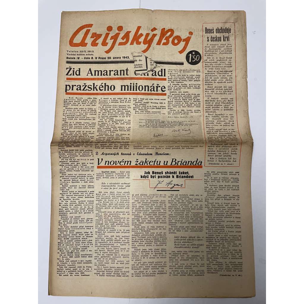 Arijský boj, ročník IV., číslo 8/1943 - Ústřední list protižidovské ligy [časopis kolaborantů, nacismus, antisemitismus, protižidovské, Židé]