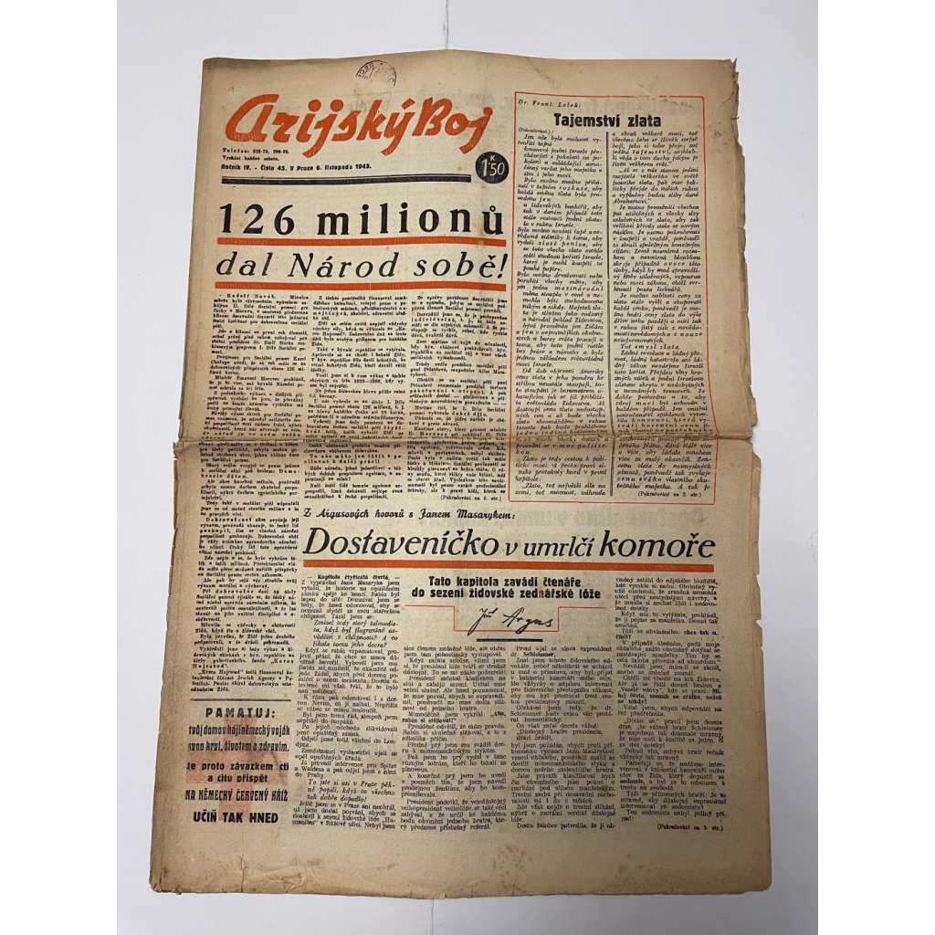 Arijský boj, ročník IV., číslo 45/1943 - Ústřední list protižidovské ligy [časopis kolaborantů, nacismus, antisemitismus, protižidovské, Židé]