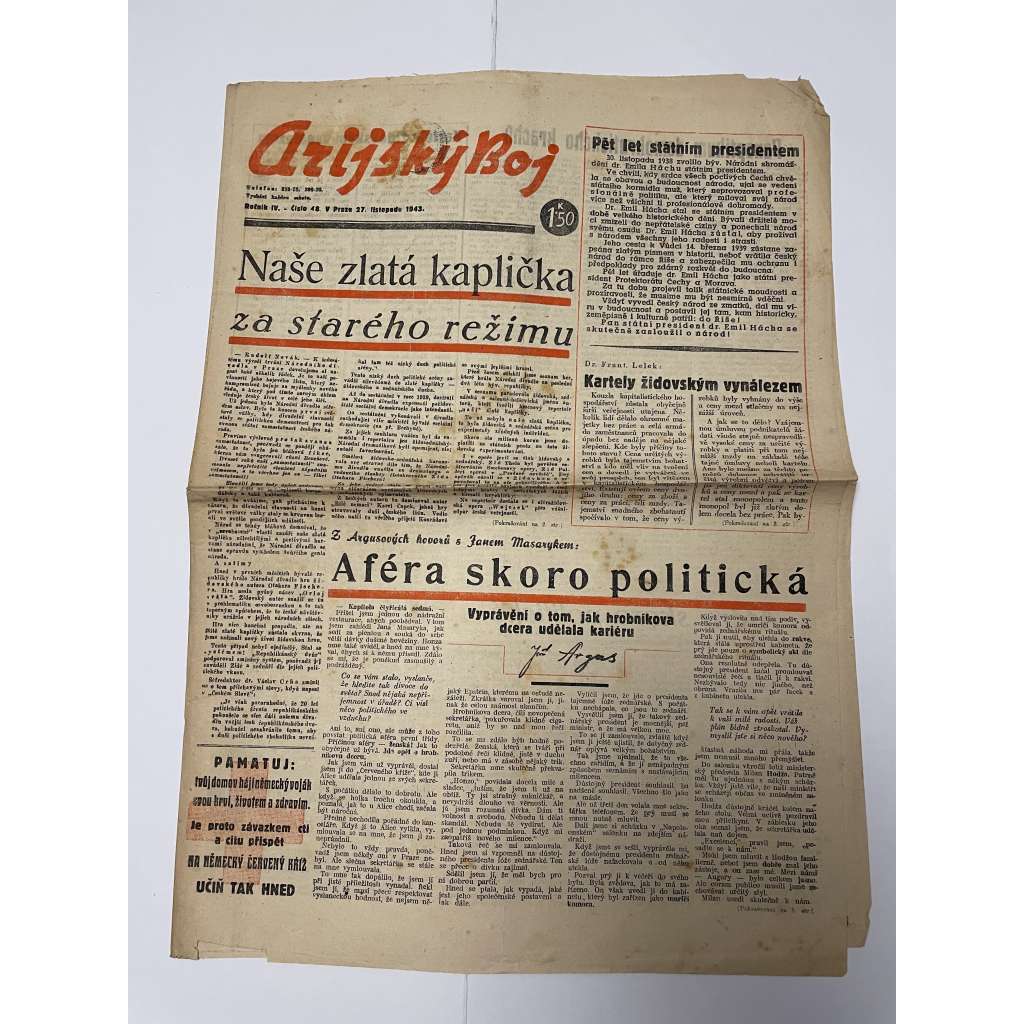 Arijský boj, ročník IV., číslo 48/1943 - Ústřední list protižidovské ligy [časopis kolaborantů, nacismus, antisemitismus, protižidovské, Židé]