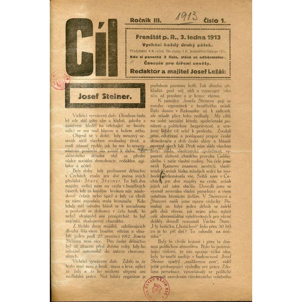 Cíl, ročník III., číslo 1-6/1913 (Sociální demokracie)