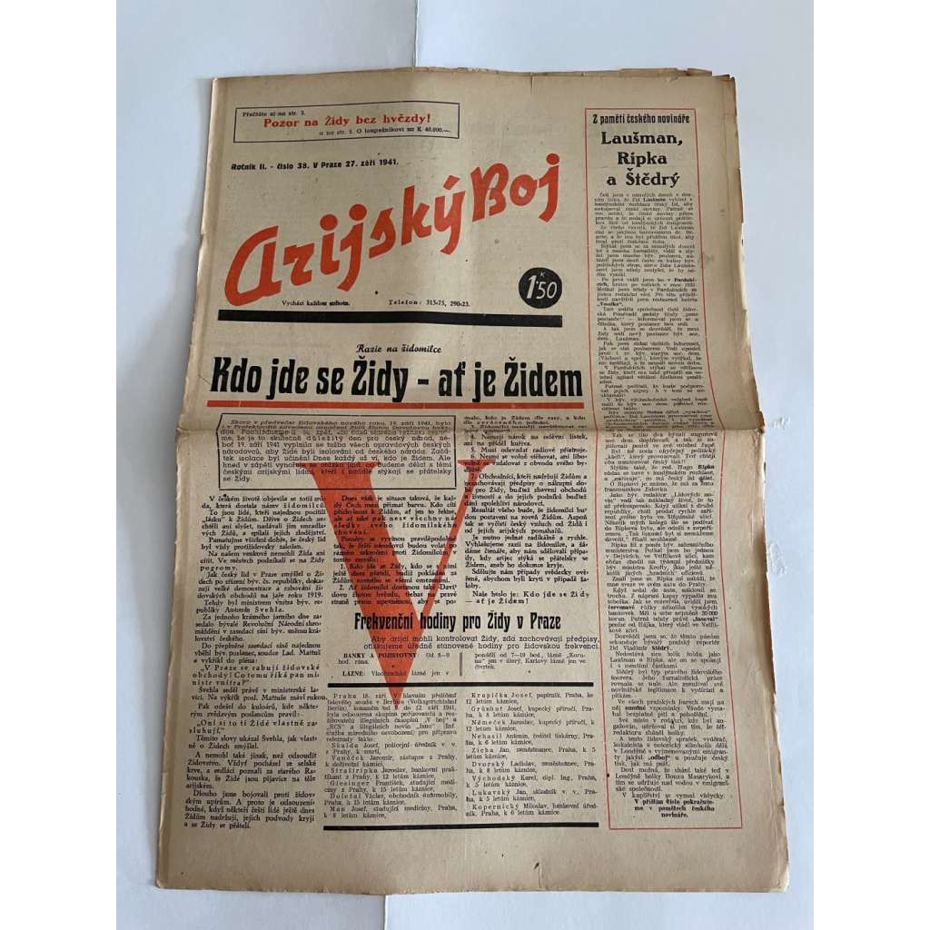 Arijský boj, ročník II., číslo 38/1941 - Ústřední list protižidovské ligy [časopis kolaborantů, nacismus, antisemitismus, protižidovské, Židé]