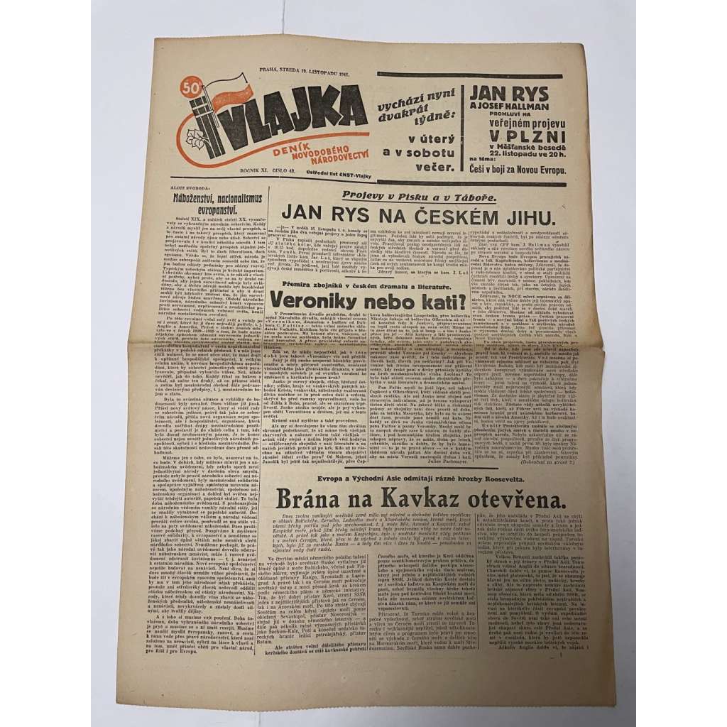 Vlajka, ročník XI., číslo 43/1941. Deník nového národovectví (noviny, kolaborace, Protektorát)