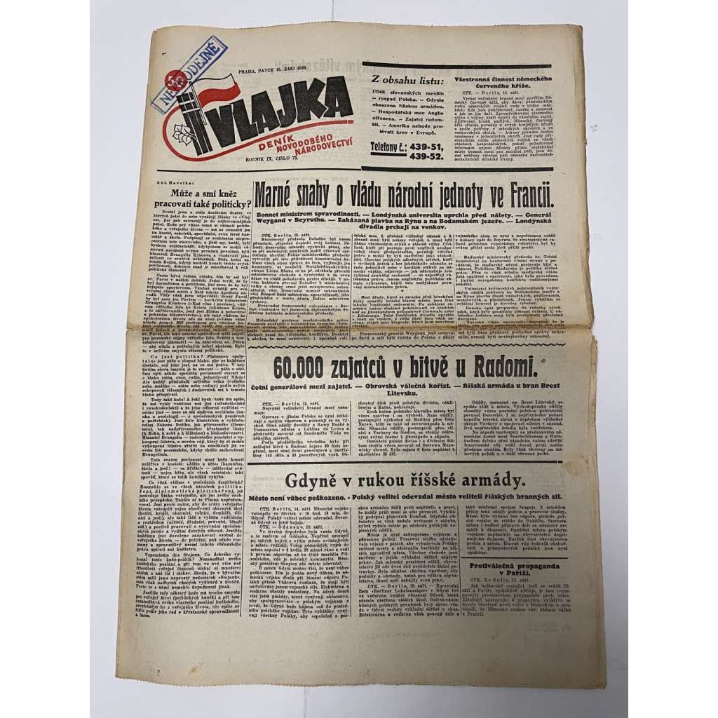 Vlajka, ročník XI., číslo 73/1939. Deník nového národovectví (noviny, kolaborace, Protektorát)