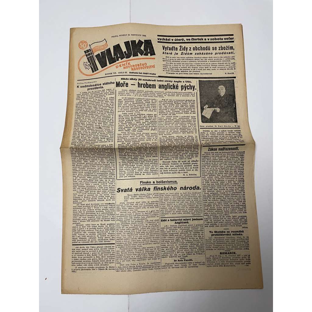 Vlajka, ročník XII., číslo 57/1942. Deník nového národovectví (noviny, kolaborace, Protektorát)