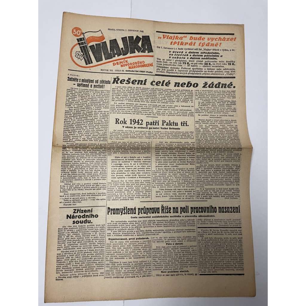 Vlajka, ročník XII., číslo 52/1942. Deník nového národovectví (noviny, kolaborace, Protektorát)