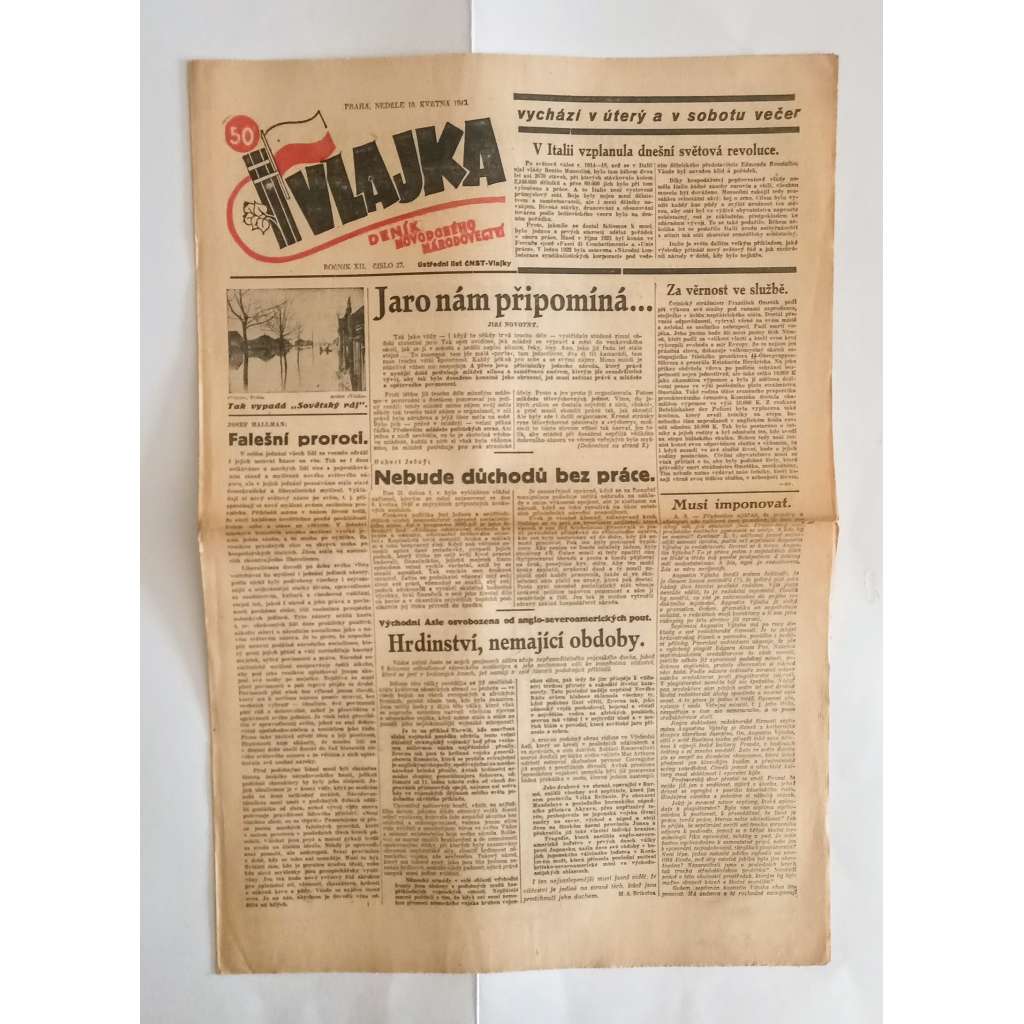 Vlajka, ročník XII., číslo 37/1942. Deník nového národovectví (noviny, kolaborace, Protektorát)
