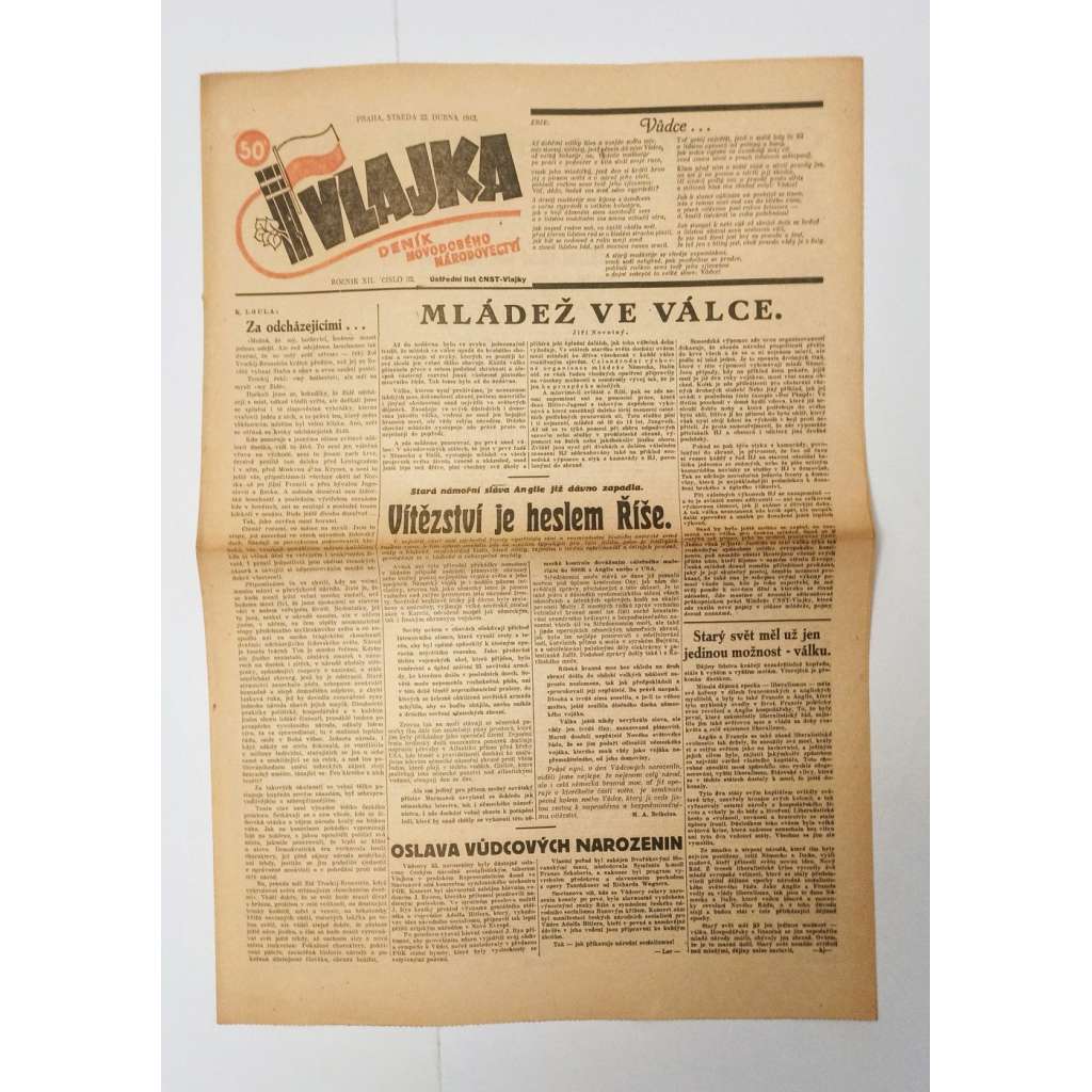 Vlajka, ročník XII., číslo 32/1942. Deník nového národovectví (noviny, kolaborace, Protektorát)