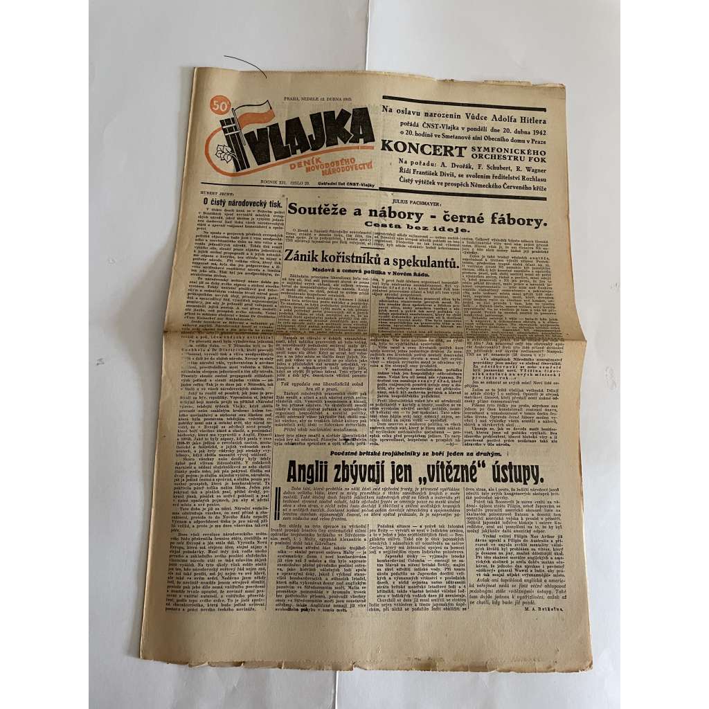 Vlajka, ročník XII., číslo 29/1942. Deník nového národovectví (noviny, kolaborace, Protektorát)
