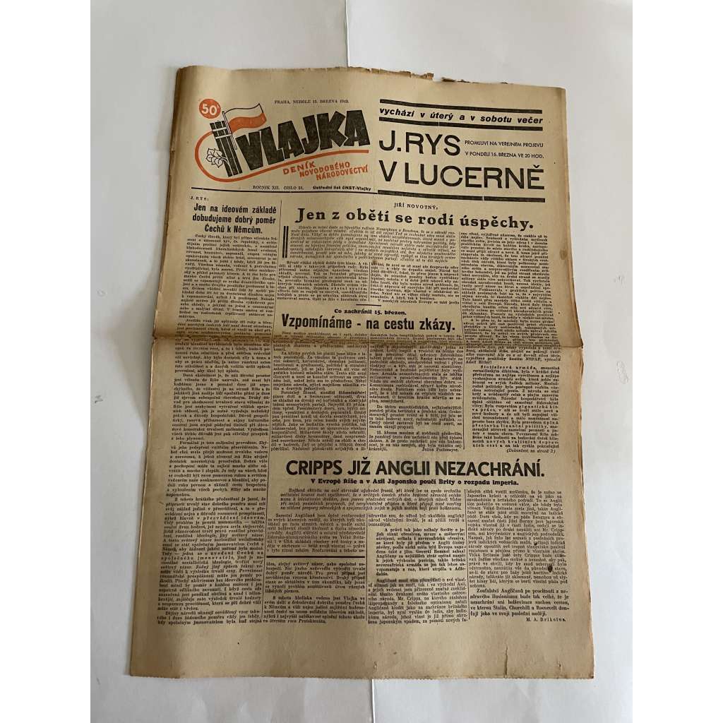 Vlajka, ročník XII., číslo 21/1942. Deník nového národovectví (noviny, kolaborace, Protektorát)