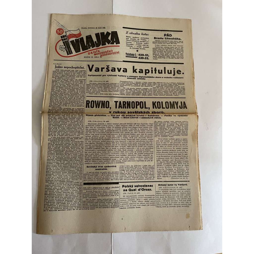 Vlajka, ročník IX., číslo 75/1939. Deník nového národovectví (noviny, kolaborace, Protektorát)