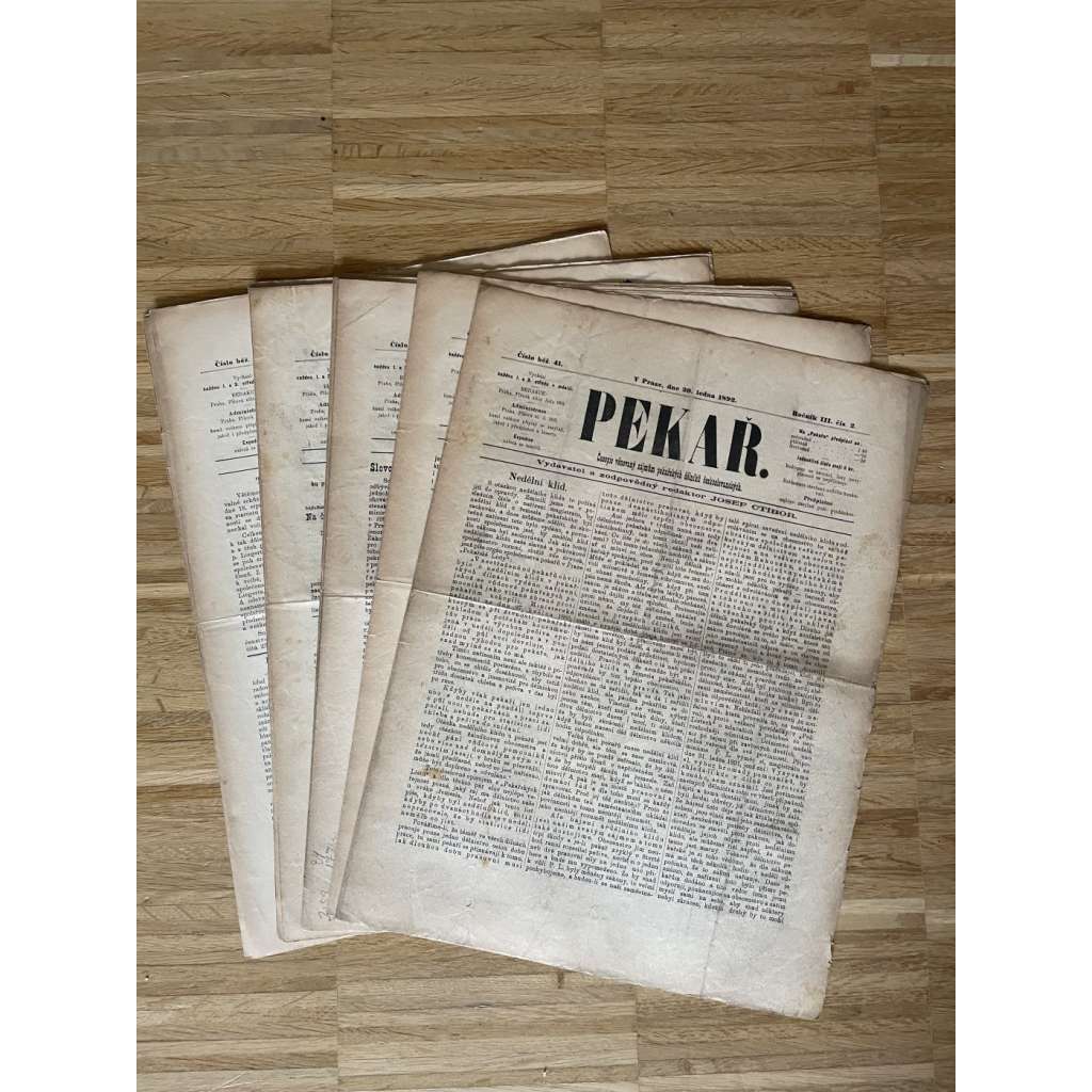 Pekař, ročník III., číslo 2-4, 6-17, 20 a 22-24/1892. Časopis věnovaný zájmům pekařských dělníků československých (noviny)