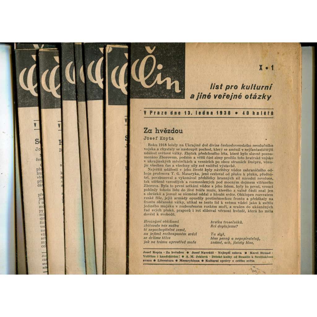 Čin, ročník X., číslo 1, 7, 10 a 12-18/1938. List pro kulturní a veřejné otázky (časopis, noviny)