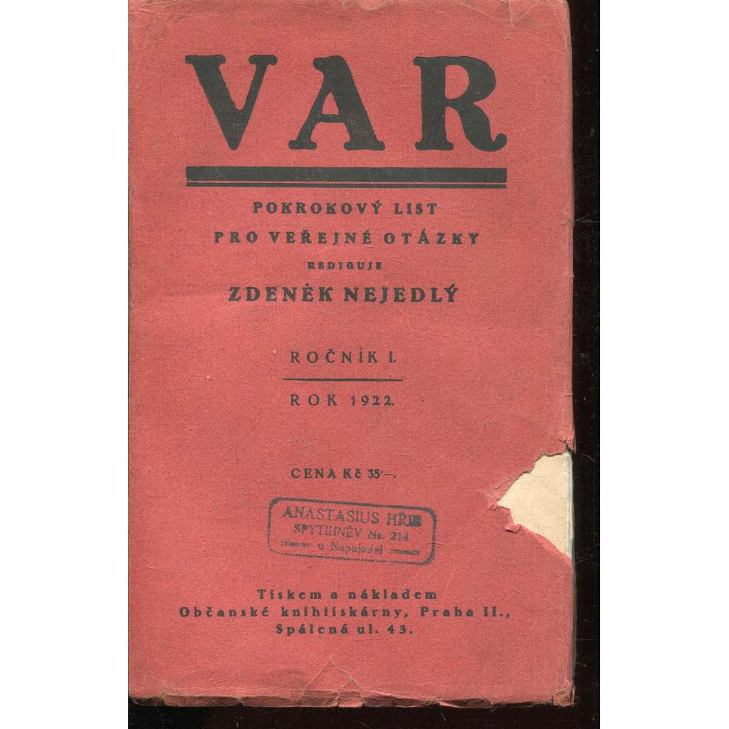 VAR, ročník I., čísla 1-20/1920. Pokrokový list pro veřejné otázky