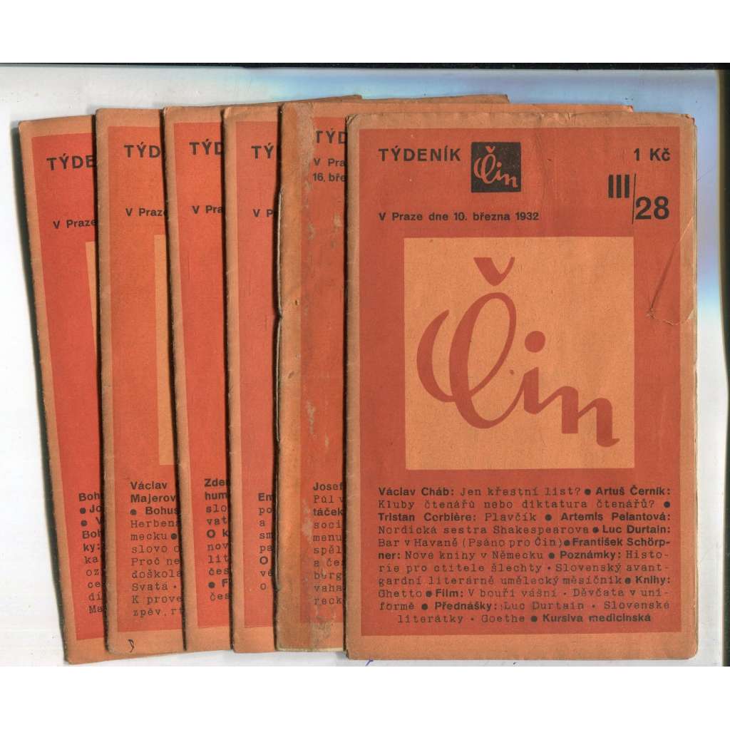 Čin, ročník III., číslo 28, 29, 31, 35, 37 a 38/1932 (časopis, noviny)