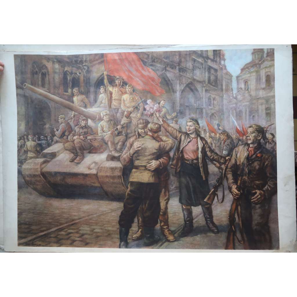 Tank, Praha květen 1945 - Květnové povstání, osvobození, Vítání sovětské armády na Staroměstském náměstí - školní plakát, výukový obraz - 2. světová válka