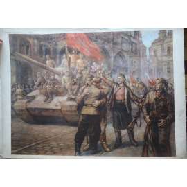 Tank, Praha květen 1945 - Květnové povstání, osvobození, Vítání sovětské armády na Staroměstském náměstí - školní plakát, výukový obraz - 2. světová válka