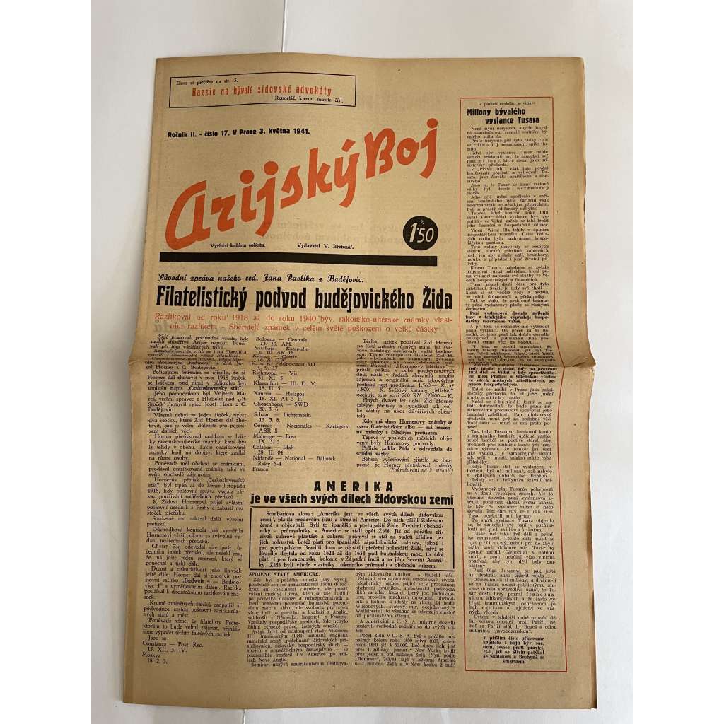 Arijský boj, ročník II., číslo 17/1941 - Ústřední list protižidovské ligy [časopis kolaborantů, nacismus, antisemitismus, protižidovské, Židé]