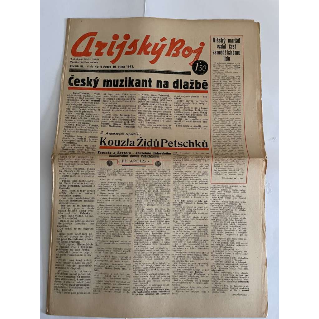Arijský boj, ročník III., číslo 40/1942 - Ústřední list protižidovské ligy [časopis kolaborantů, nacismus, antisemitismus, protižidovské, Židé]
