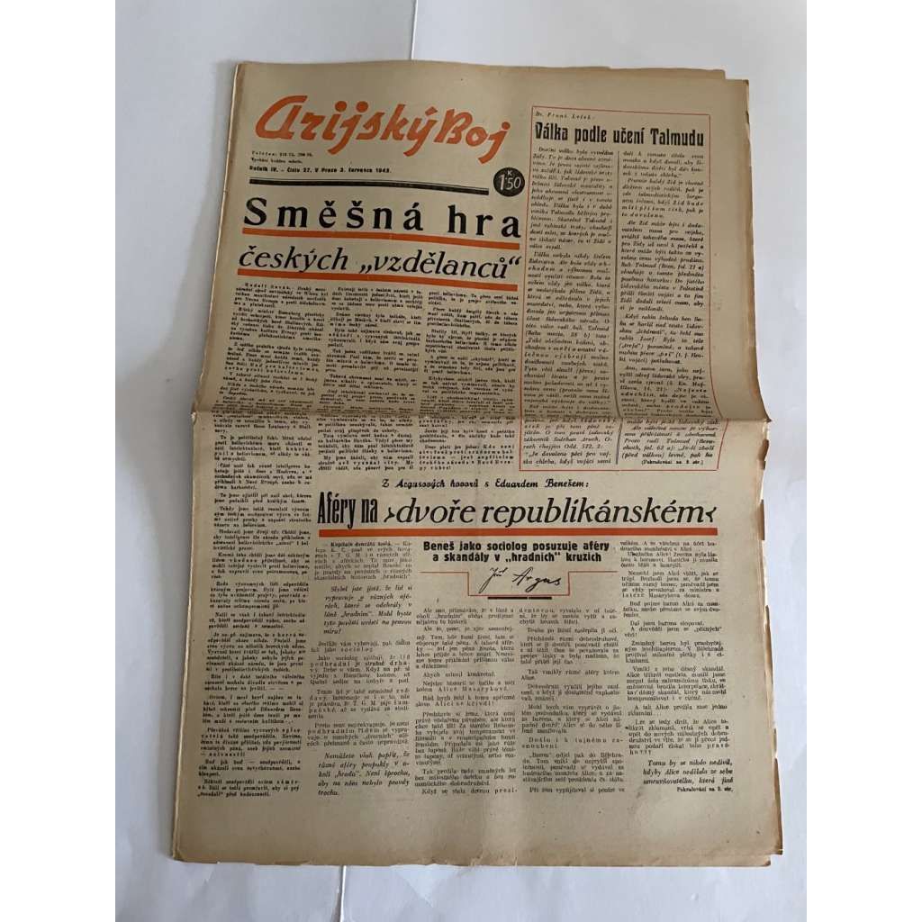 Arijský boj, ročník IV., číslo 27/1943 - Ústřední list protižidovské ligy [časopis kolaborantů, nacismus, antisemitismus, protižidovské, Židé]