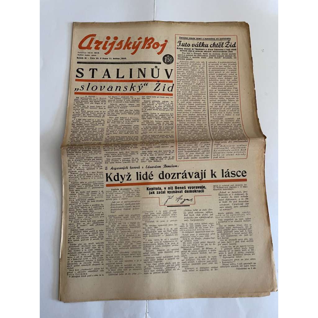 Arijský boj, ročník IV., číslo 20/1943 - Ústřední list protižidovské ligy [časopis kolaborantů, nacismus, antisemitismus, protižidovské, Židé]