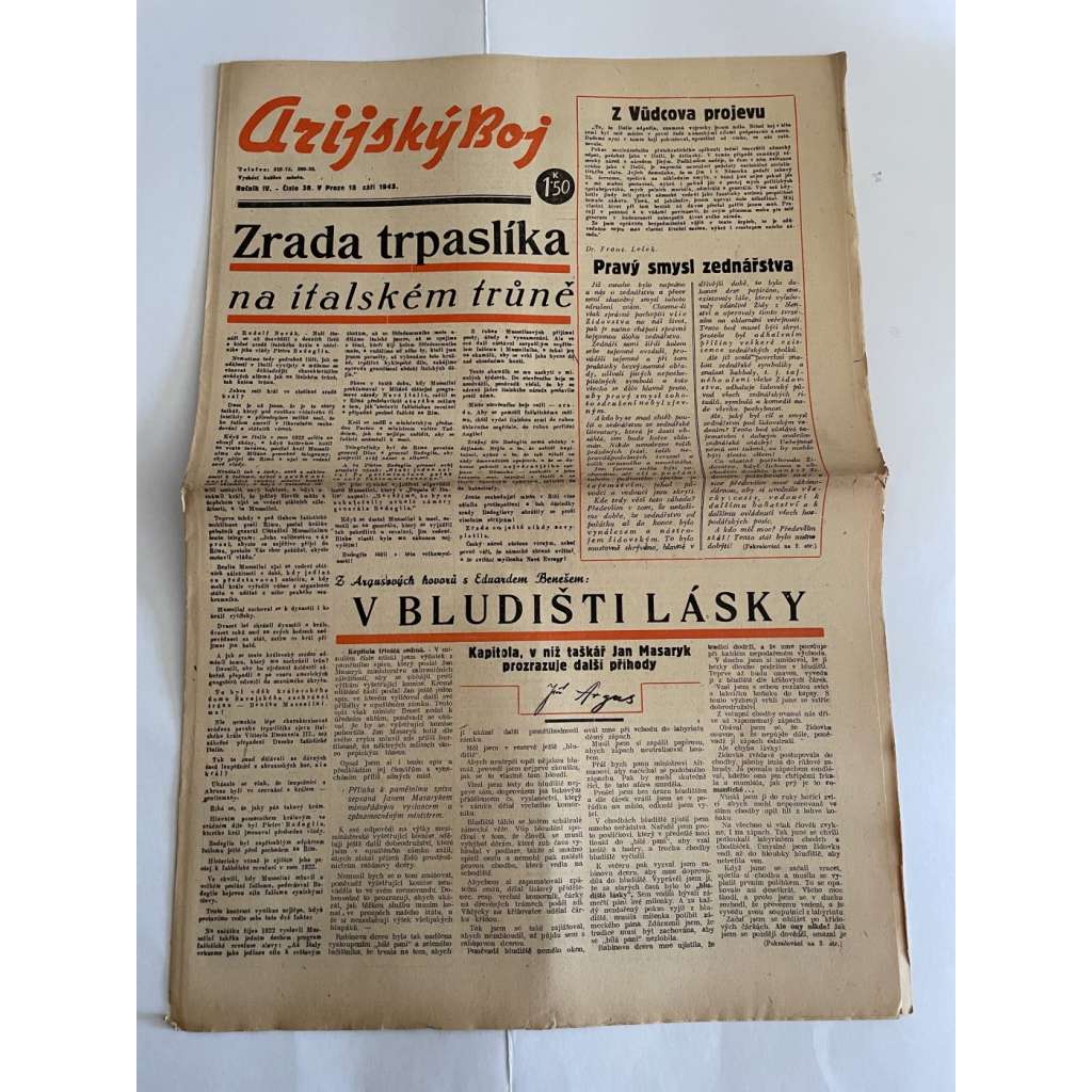 Arijský boj, ročník IV., číslo 38/1943 - Ústřední list protižidovské ligy [časopis kolaborantů, nacismus, antisemitismus, protižidovské, Židé]