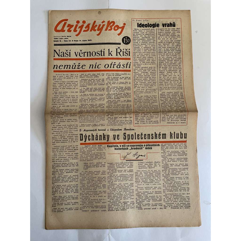 Arijský boj, ročník IV., číslo 33/1943 - Ústřední list protižidovské ligy [časopis kolaborantů, nacismus, antisemitismus, protižidovské, Židé]