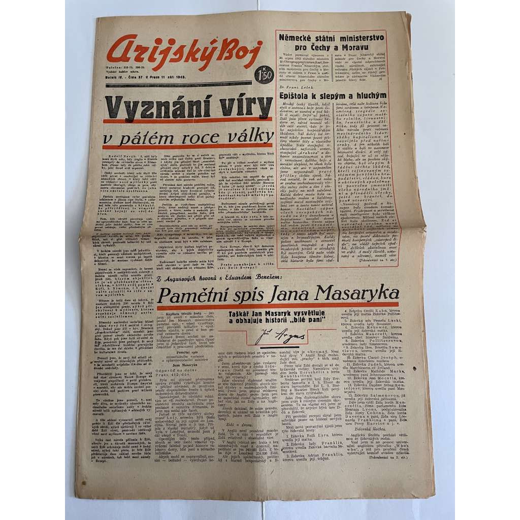 Arijský boj, ročník IV., číslo 37/1943 - Ústřední list protižidovské ligy [časopis kolaborantů, nacismus, antisemitismus, protižidovské, Židé]