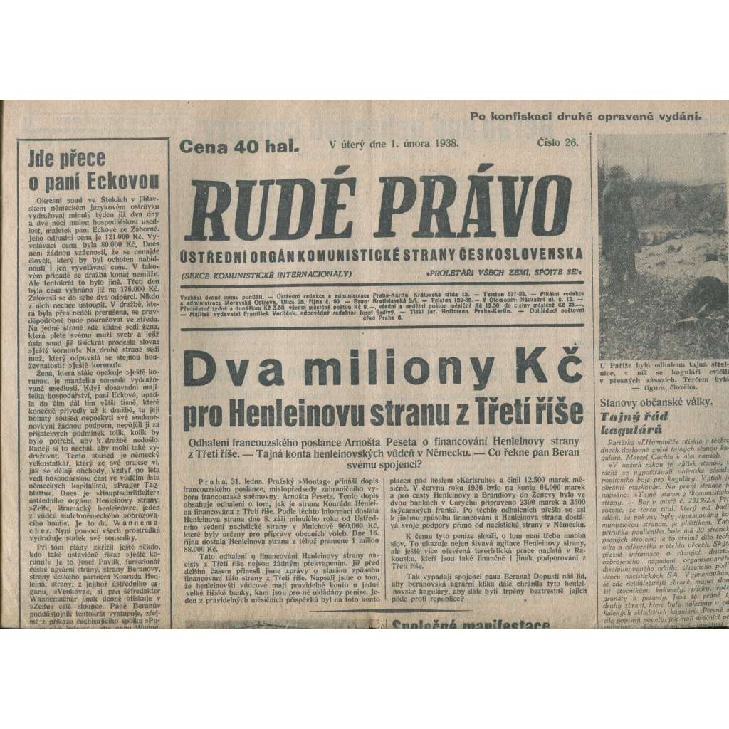 Rudé právo (1.2.1938) - 1. republika, staré noviny