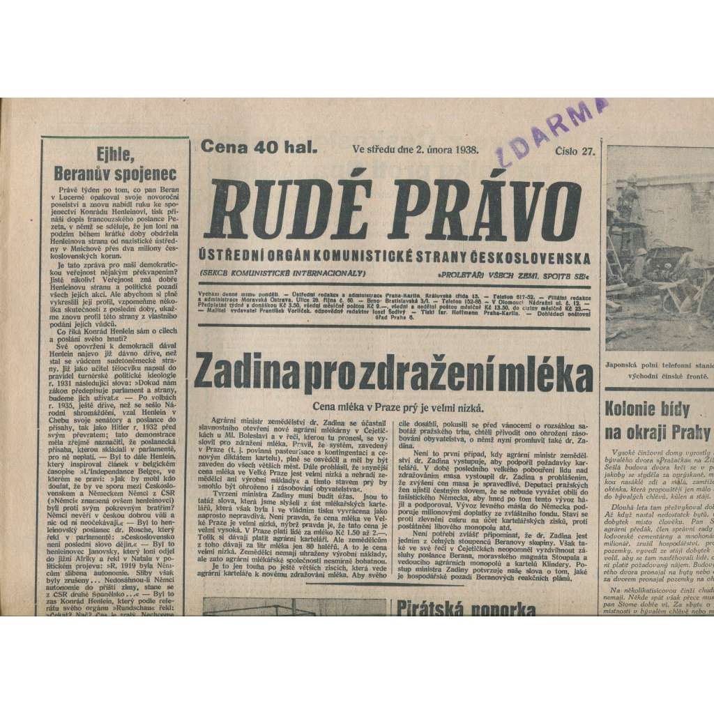 Rudé právo (2.2.1938) - 1. republika, staré noviny