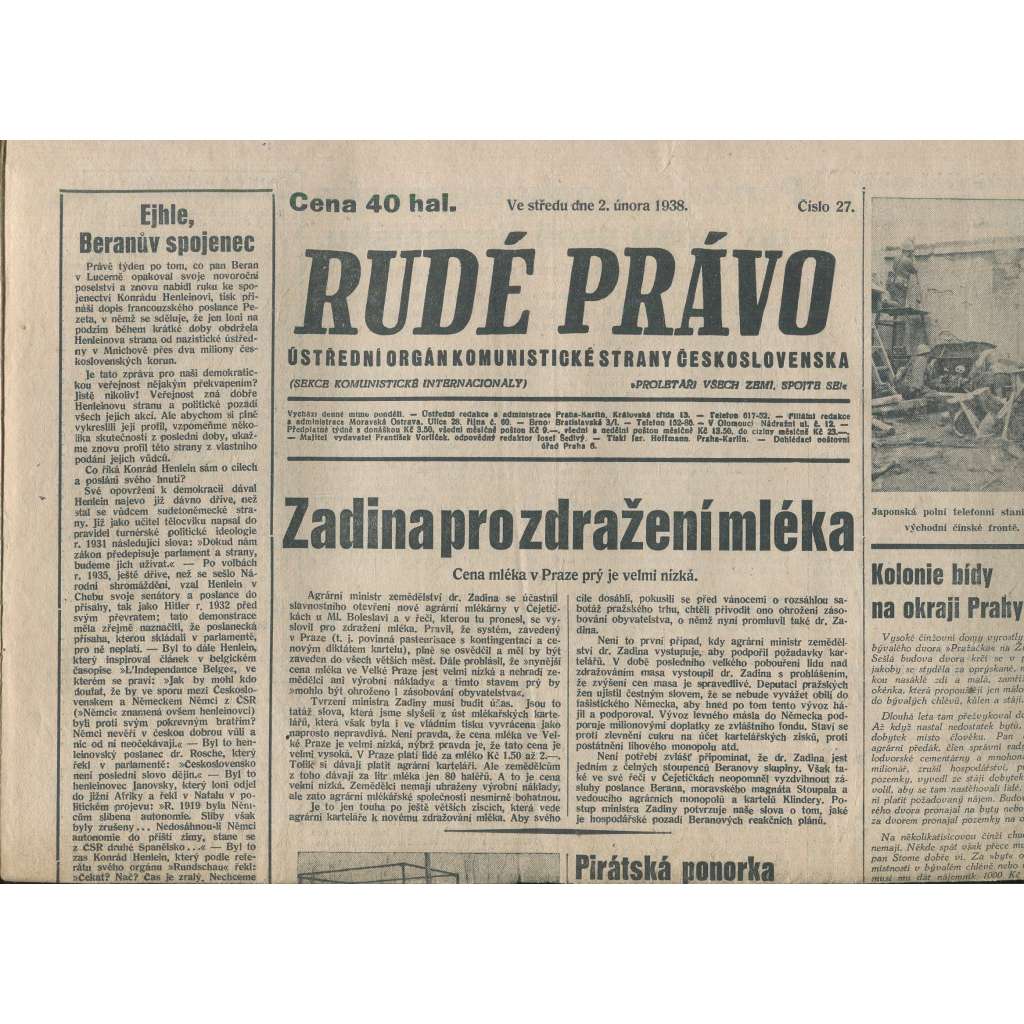 Rudé právo (2.2.1938) - 1. republika, staré noviny
