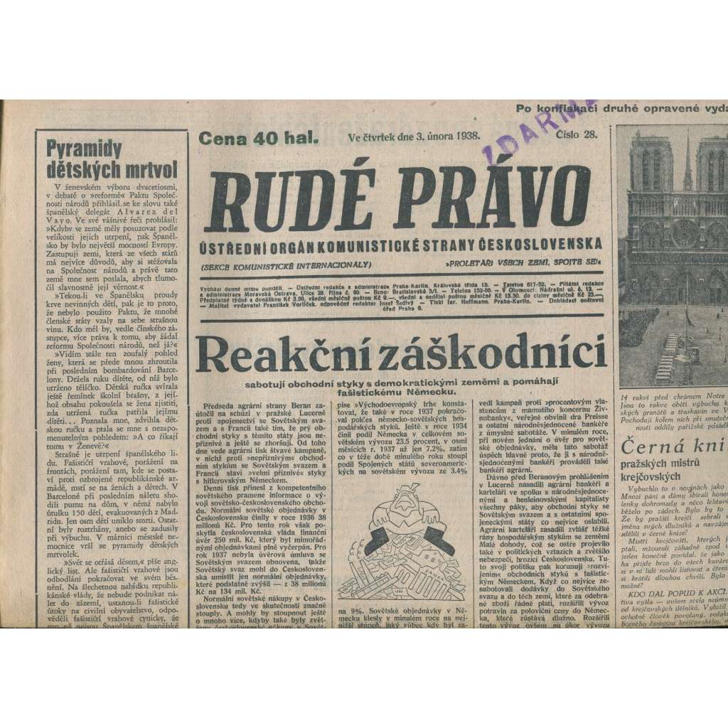 Rudé právo (3.2.1938) - 1. republika, staré noviny